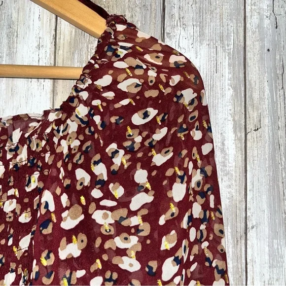 She & Sky Wine Printed Smocked Cropped Blouse - Picture 4 of 5